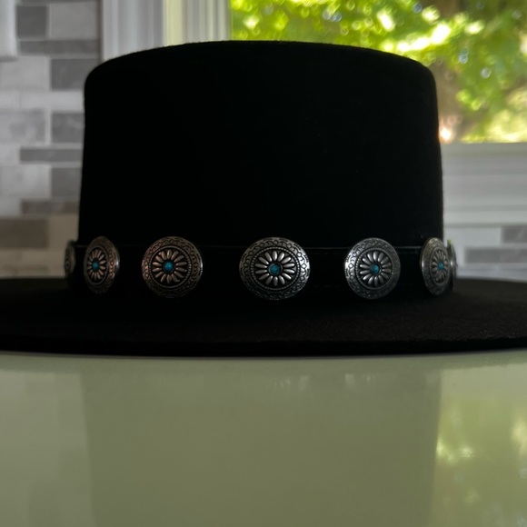 Boutique Black Boho Wool Wide Brimmed Hat With Turquoise/Western Detailing - Picture 8 of 12